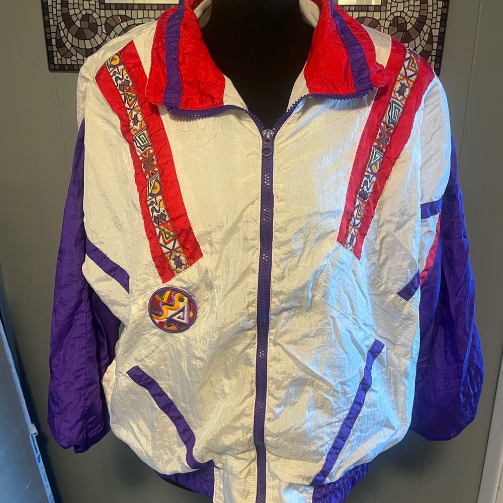Vintage 1990s Color Block Geometric Windbreaker Jacket white/purple Size Medium